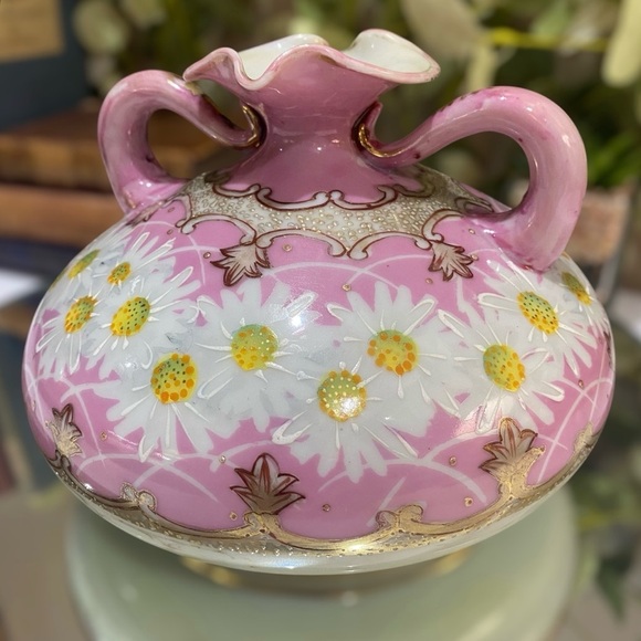 Antique Japan Nippon Vase Daisies Hand Painted Moriage Beaded Pink Handled Squat - Picture 10 of 10